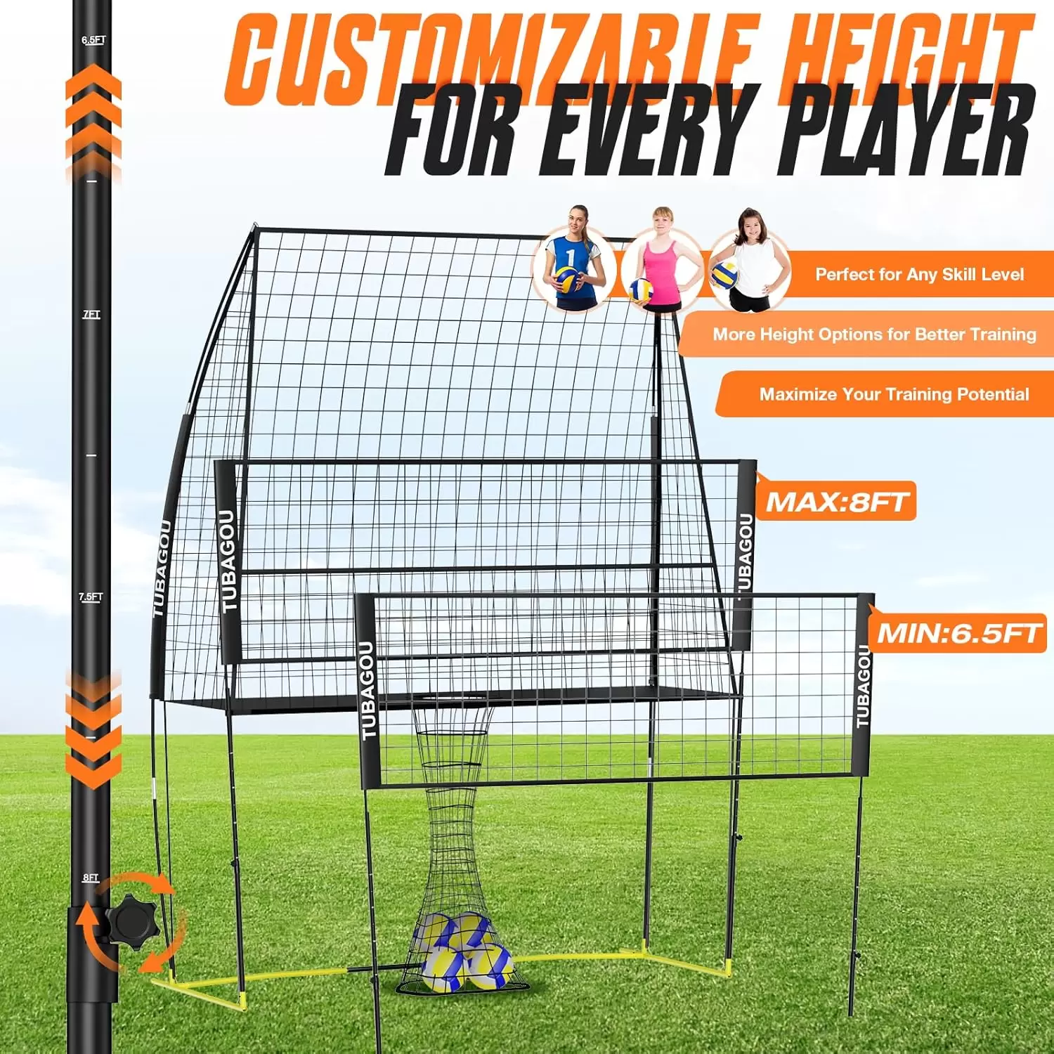 Esta&ccedil;&atilde;o de rede de treino de voleibol com altura ajust&aacute;vel e retorno de bola.
