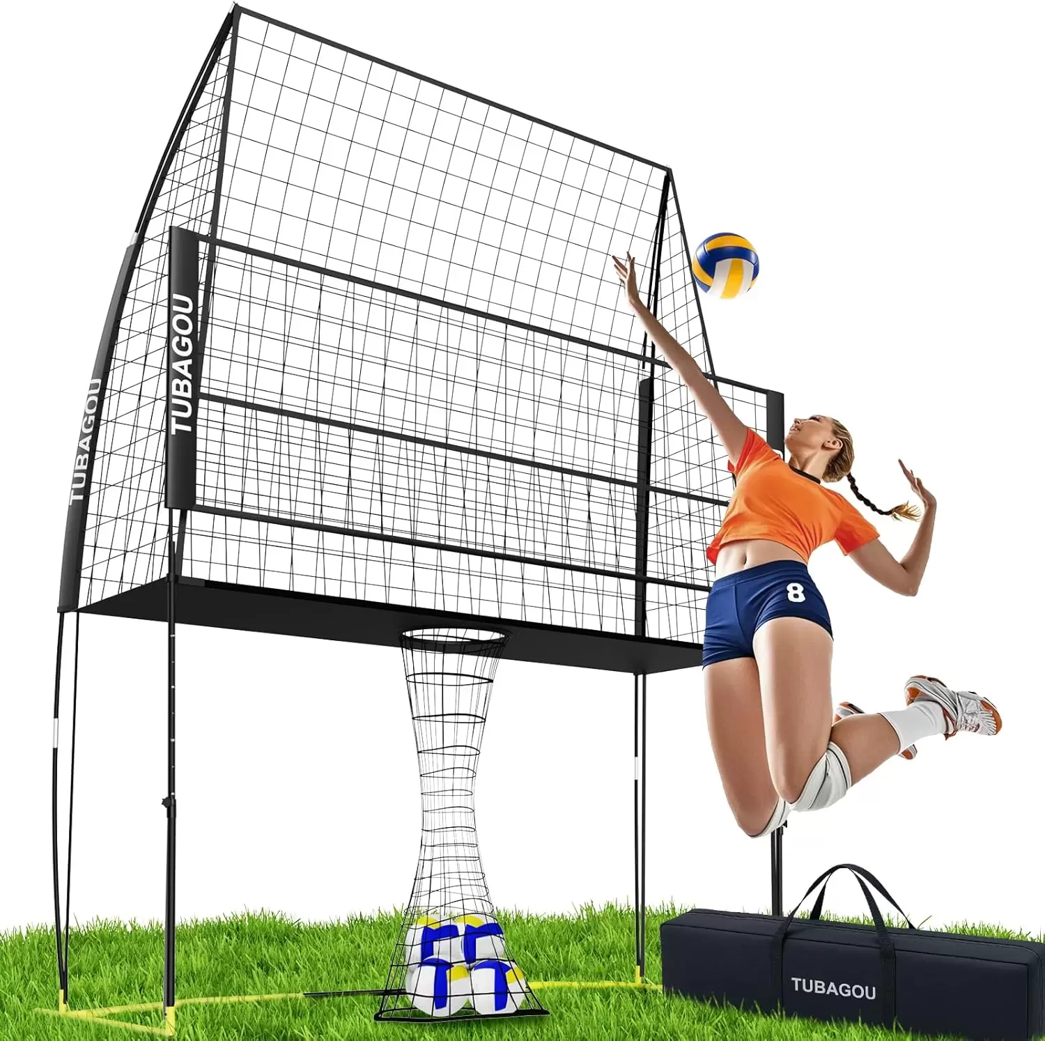 Esta&ccedil;&atilde;o de rede de treino de voleibol com altura ajust&aacute;vel e retorno de bola.